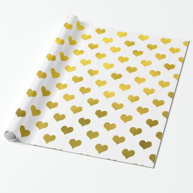 Gold Metallic Faux Foil Hearts Polka Dot Heart Wrapping Paper (Unrolled)