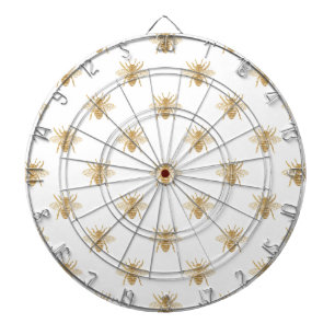 Gold Metallic Faux Foil Photo-Effect Bees on White Dartboard