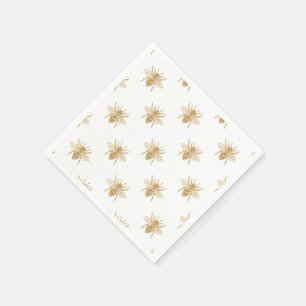 Gold Metallic Faux Foil Photo-Effect Bees on White Napkin