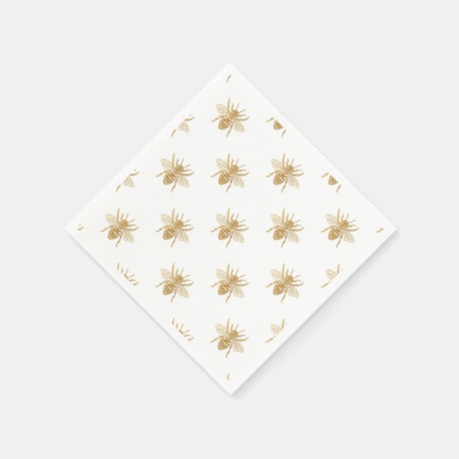 Gold Metallic Faux Foil Photo-Effect Bees on White Napkin (Corner)