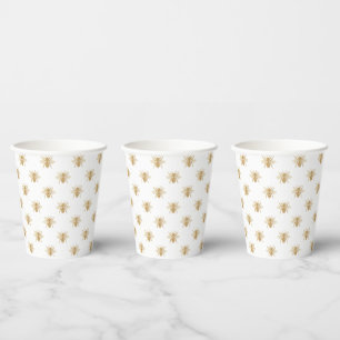Gold Metallic Faux Foil Photo-Effect Bees on White Paper Cups