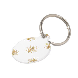 Gold Metallic Faux Foil Photo-Effect Bees on White Pet Tag