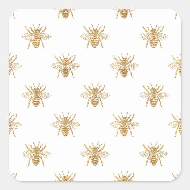Gold Metallic Faux Foil Photo-Effect Bees on White Square Sticker (Front)