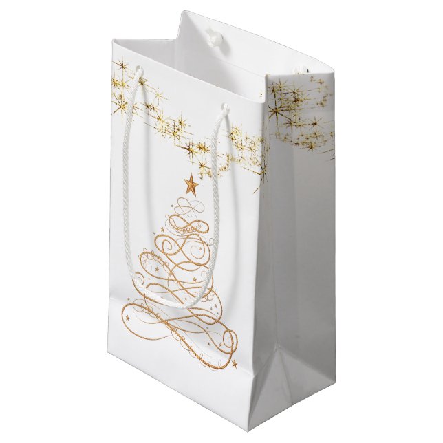 Gold Metallic Filigree Christmas Tree Small Gift Bag (Front Angled)