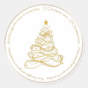 Gold Metallic Filigree "O Christmas Tree" Lyrics Classic Round Sticker