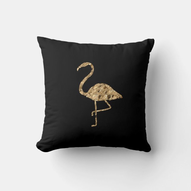 Gold Metallic Flamingo on Black Cushion (Front)