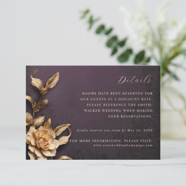 Gold metallic flowers wedding details card (Standing Front)