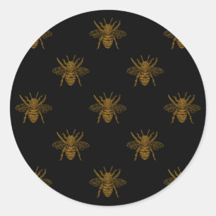 Gold Metallic Foil Bees on Black Classic Round Sticker