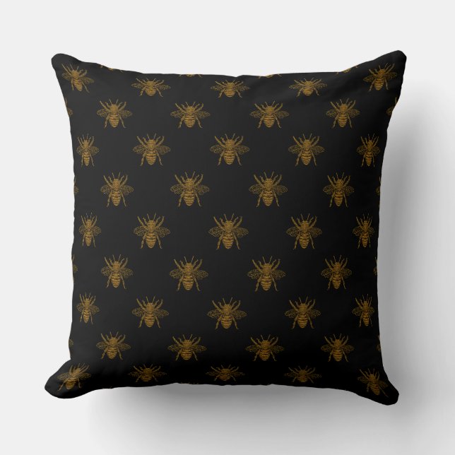 Gold Metallic Foil Bees on Black Cushion (Front)