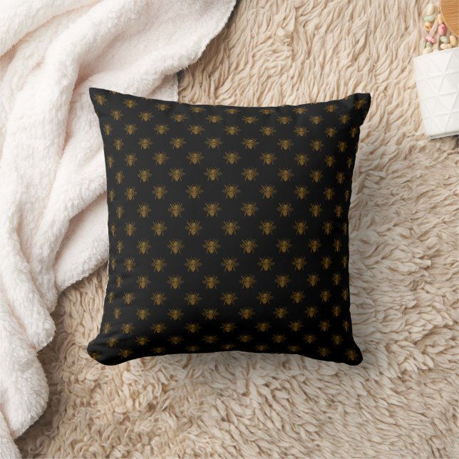 Gold Metallic Foil Bees on Black Cushion (Blanket)