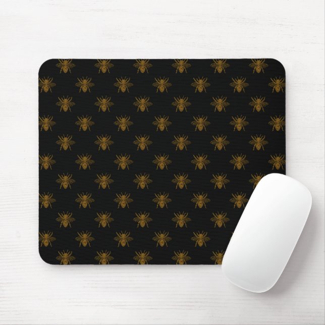 Gold Metallic Foil Bees on Black Mouse Mat (With Mouse)