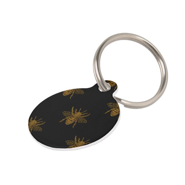 Gold Metallic Foil Bees on Black Pet Tag (Side)