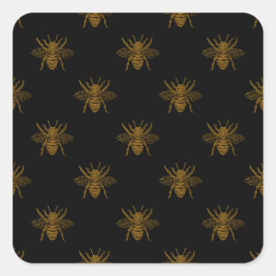 Gold Metallic Foil Bees on Black Square Sticker