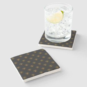 Gold Metallic Foil Bees on Black Stone Coaster