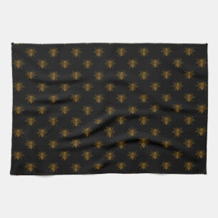 Gold Metallic Foil Bees on Black Tea Towel