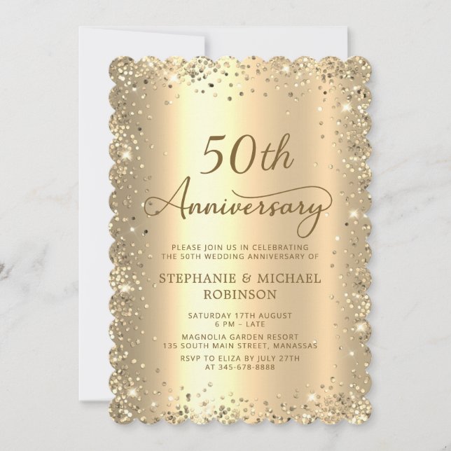 Gold Metallic Glitter 50th Wedding Anniversary Invitation (Front)