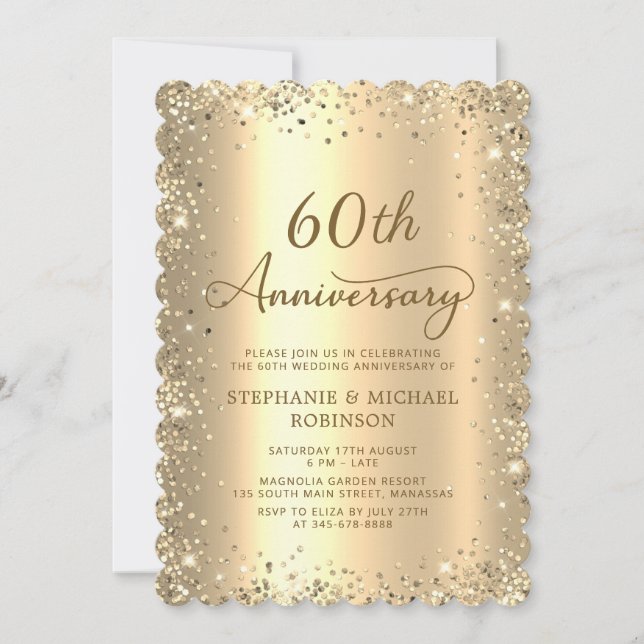Gold Metallic Glitter 60th Wedding Anniversary Invitation (Front)