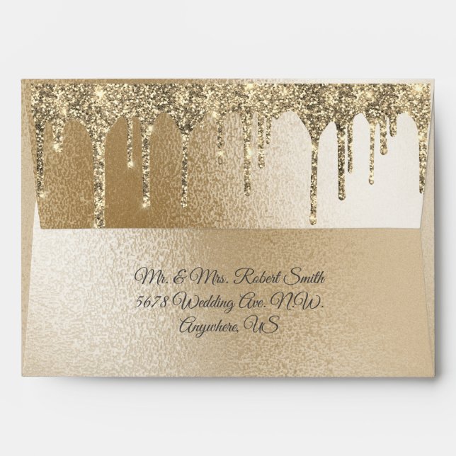 Gold Metallic Glitter Drip Elegant Chic Wedding  Envelope (Back (Top Flap))