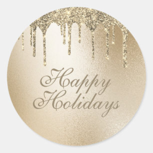 Gold Metallic Glitter Drip Elegant Happy Holidays Classic Round Sticker