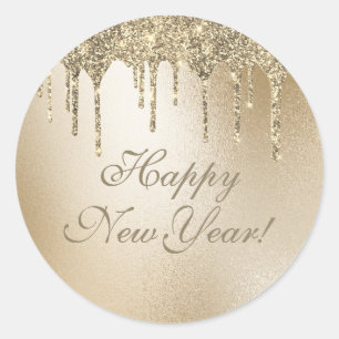 Gold Metallic Glitter Drip Elegant Happy New Year  Classic Round Sticker