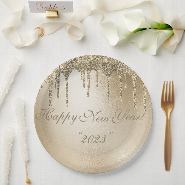 Gold Metallic Glitter Drip Elegant Happy New Year Paper Plate (Wedding)