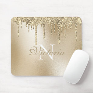 Gold Metallic Glitter Drip Monogram Elegant Mouse Mat