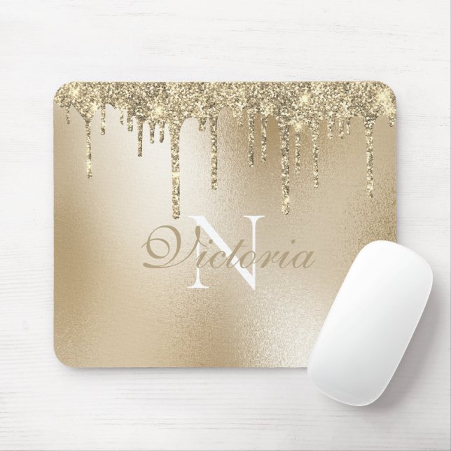 Gold Metallic Glitter Drip Monogram Elegant  Mouse Mat (With Mouse)