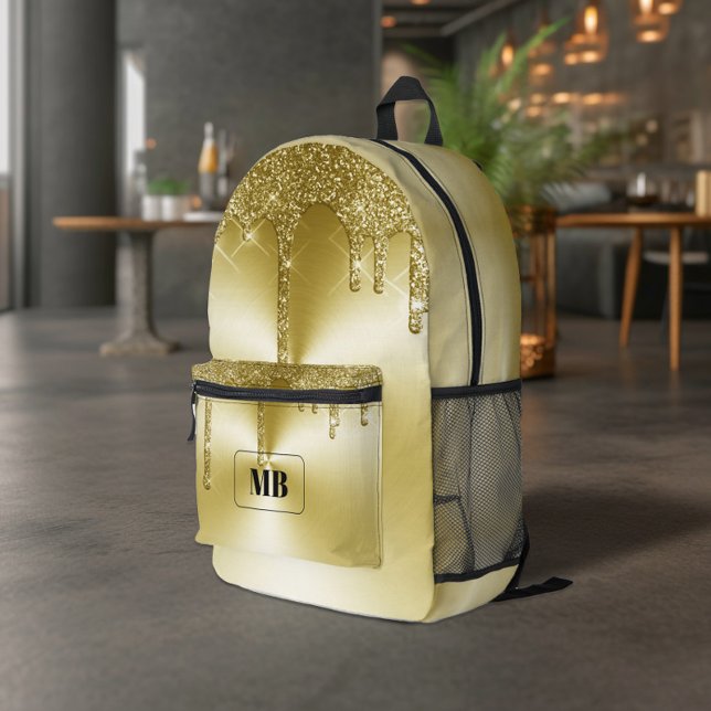 Gold Metallic Glitter Drip Monogrammed Printed Backpack (Creator Uploaded)