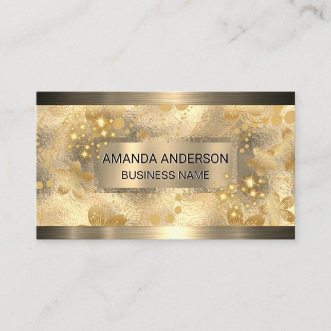 Gold Metallic | Golden Leaves and Sparkle Business Card (Front)