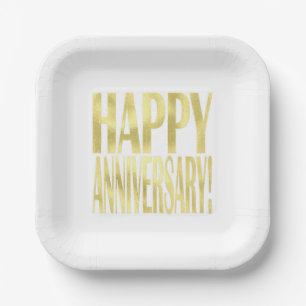 Gold metallic happy anniversary stylish chic paper plate