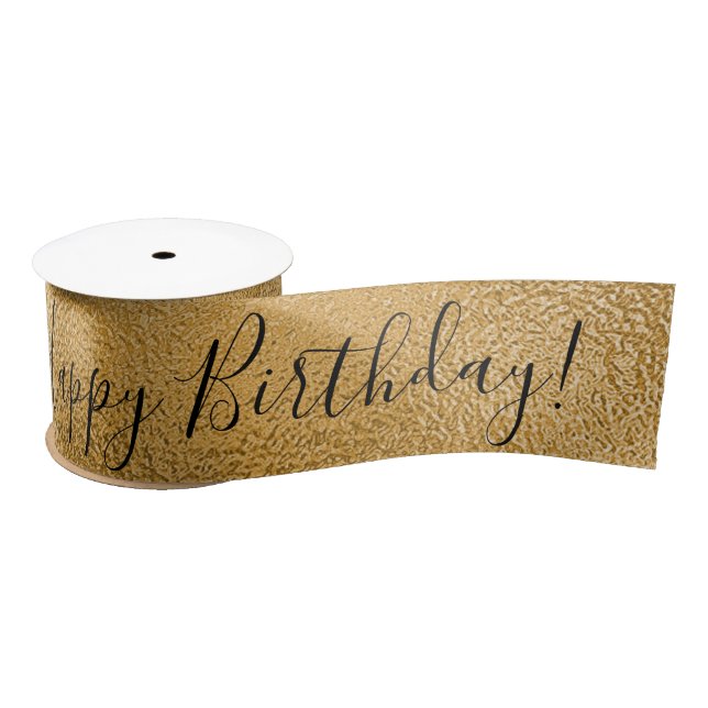 Gold Metallic Happy Birthday Script Modern Satin  Ribbon (Spool)