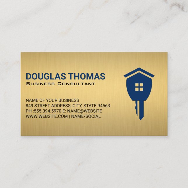 Gold Metallic | Home Real Estate Key Business Card (Front)