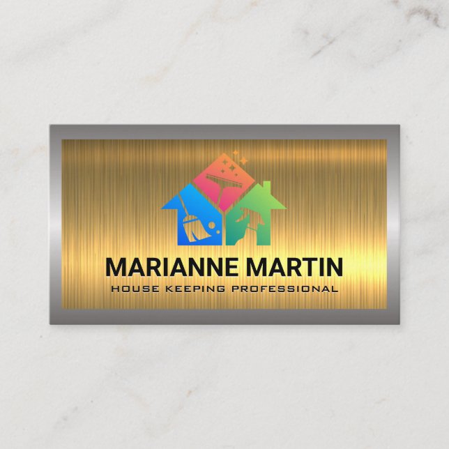 Gold Metallic | House Cleaning Icons Business Card (Front)