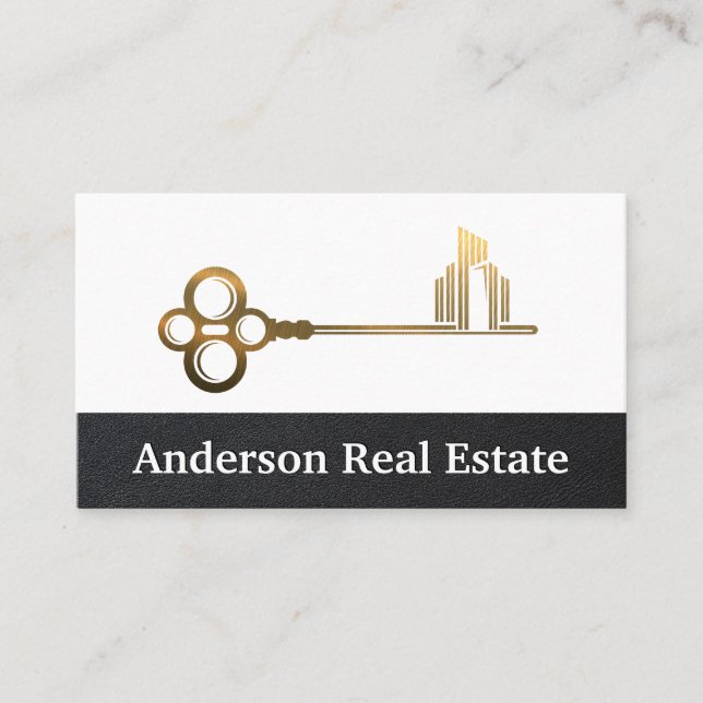 Gold Metallic Key City | Real Estate Business Card (Front)