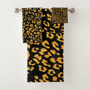 Gold Metallic Leopard Pattern on Black Bath Towel Set