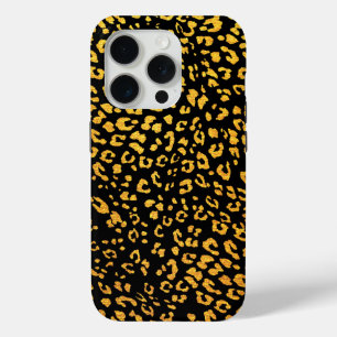 Gold Metallic Leopard Pattern on Black iPhone 15 Pro Case