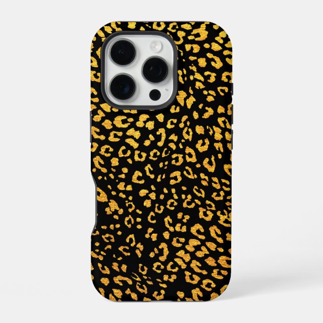 Gold Metallic Leopard Pattern on Black iPhone Case (Back)