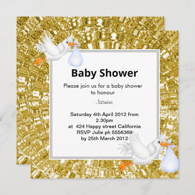 GOLD METALLIC LOOK Stork Baby Shower Invitation (Front/Back)
