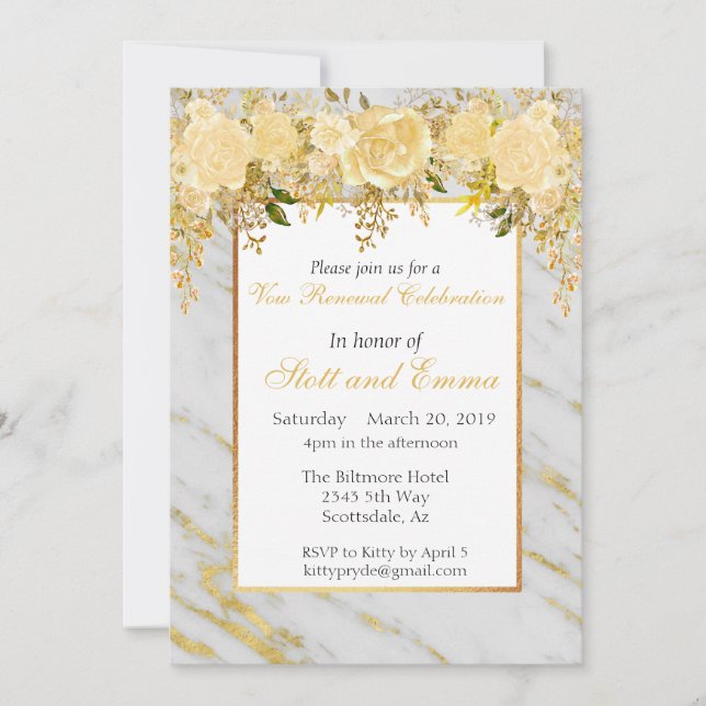 Gold Metallic Marble Flowers Vow Renewal Invitation (Front)