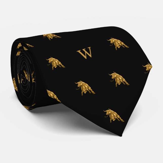 Gold Metallic Ox Bull Monogrammed Initials Black Tie (Rolled)
