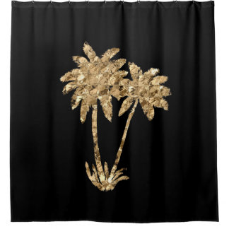 Gold Metallic Palm Trees on Black Shower Curtain