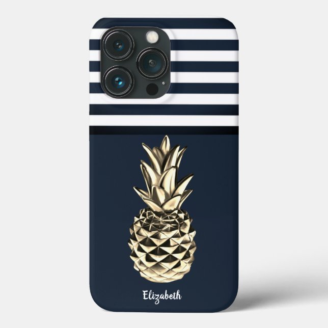 Gold Metallic Pineapple Navy Blue Stripes Case-Mate iPhone Case (Back)