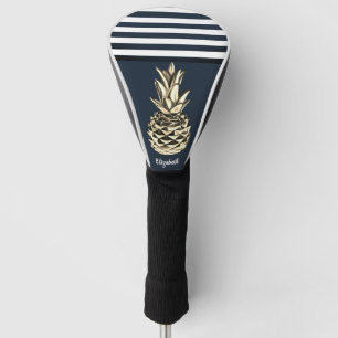 Gold Metallic Pineapple Navy Blue Stripes Golf Head Cover