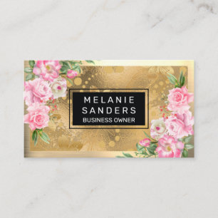 Gold Metallic Pink Flowers Business Card
