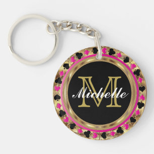 Gold Metallic Pink Poker Design   Monogram Key Ring