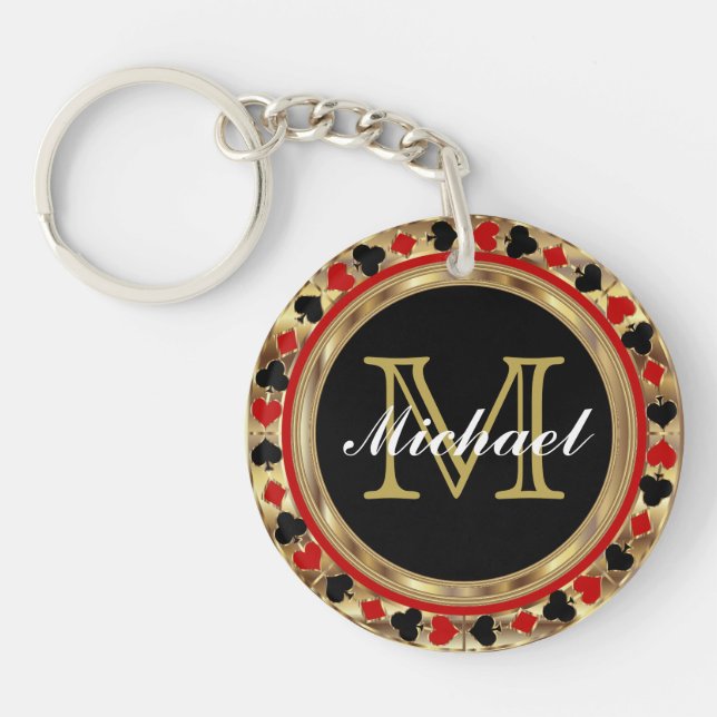 Gold Metallic Poker Design | Monogram Key Ring (Front)
