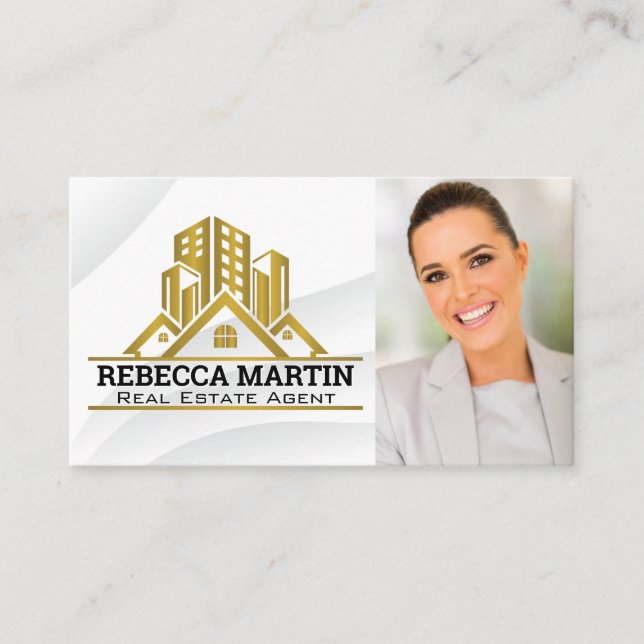 Gold Metallic Real Estate Logo | Business Woman  Business Card (Front)