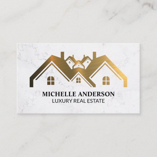 Gold Metallic Real Estate Logo | Marble Business Card (Front)
