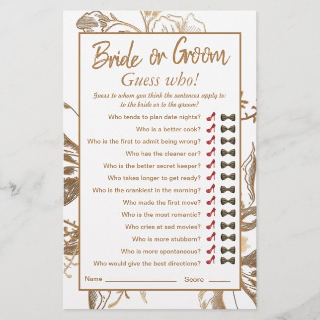 Gold Metallic Roses Arrangement Bridal Shower Game (Front)