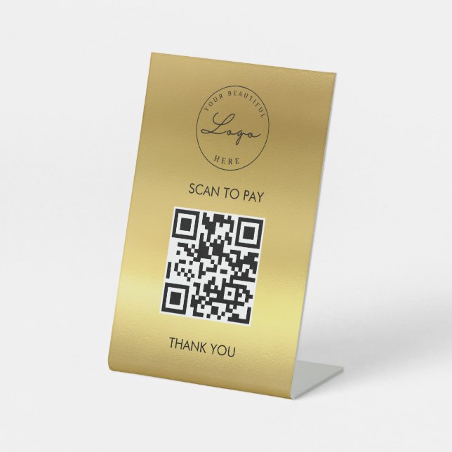  Gold Metallic Scan Me QR Code Logo Pedestal Sign (Front)